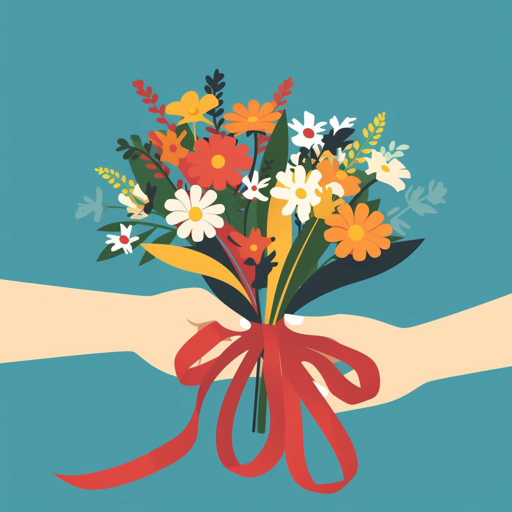 Hands wrapping a ribbon around the stems of a bouquet, with a pair of scissors nearby.