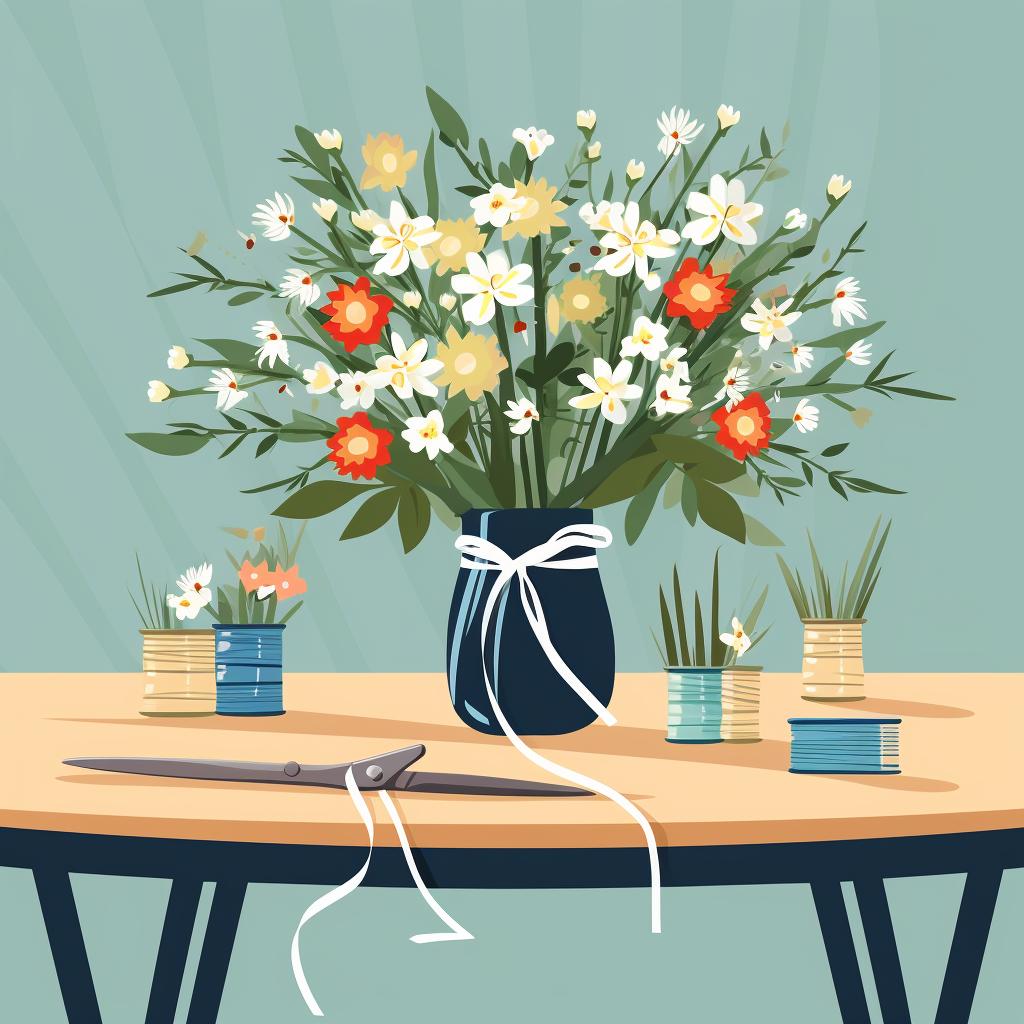 A table with flowers, floral tape, floral wire, ribbon, and scissors neatly arranged.