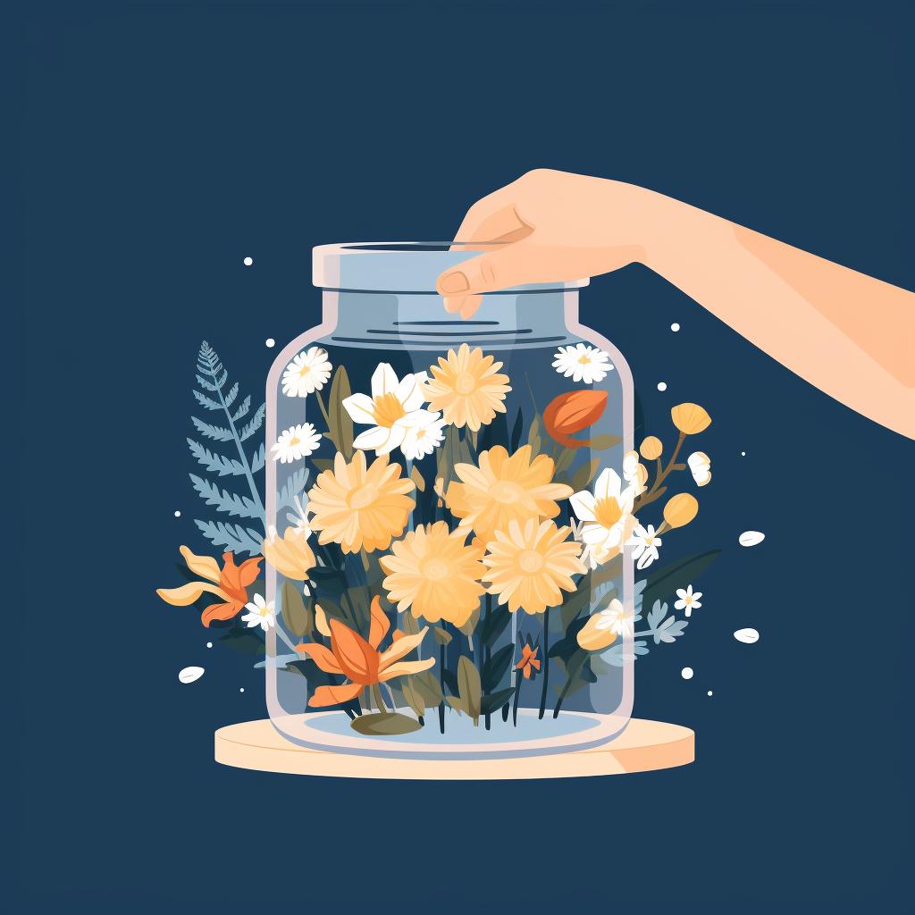 Hands carefully placing dried wedding flowers into a clear glass jar.