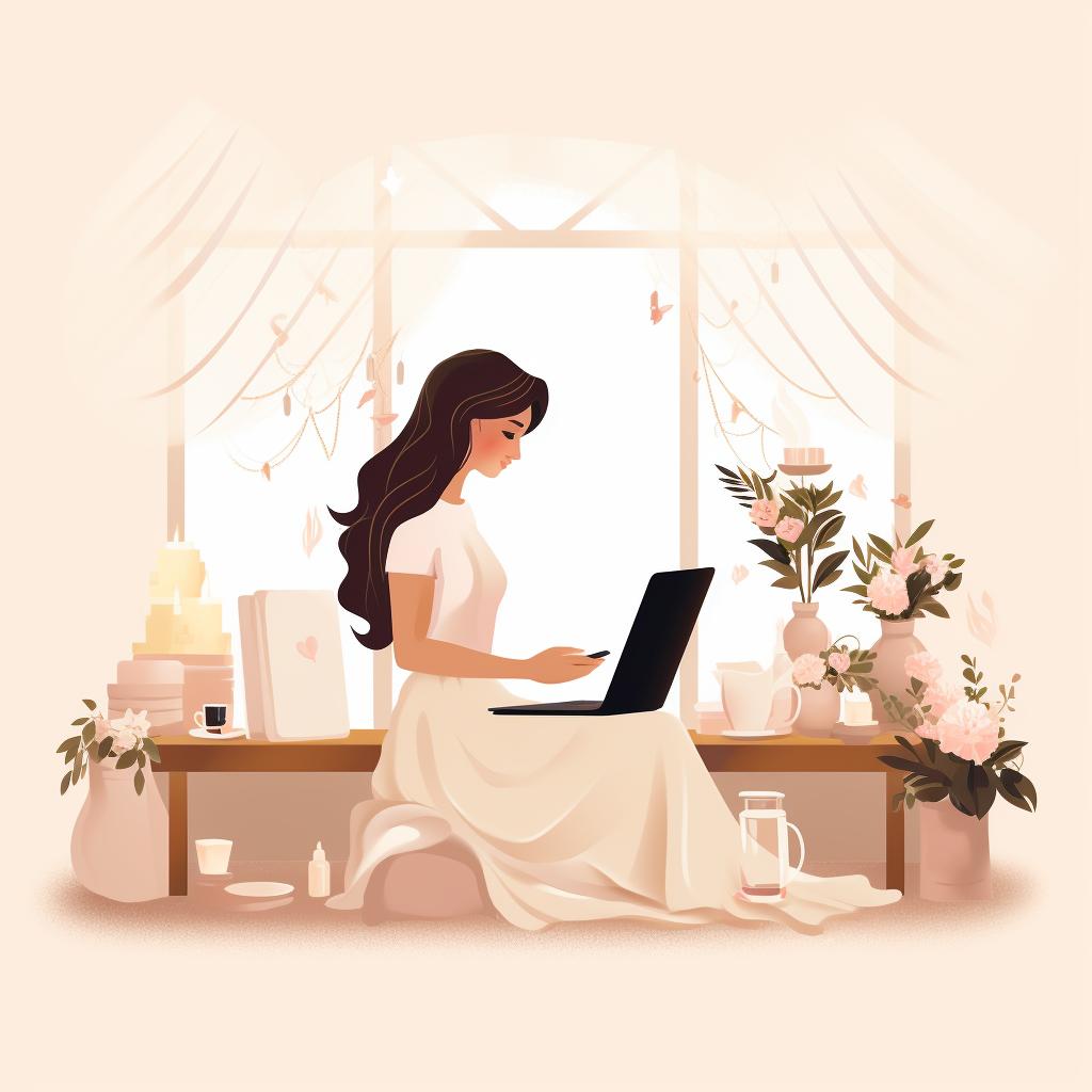 A bride looking at simple DIY wedding decoration ideas on a laptop