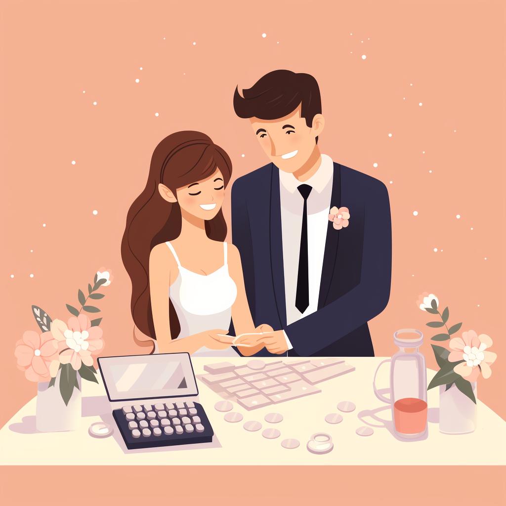 A couple discussing their wedding budget with a calculator and a spreadsheet