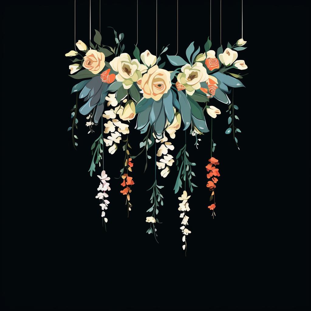 Wedding flowers hanging upside down in a dark room.