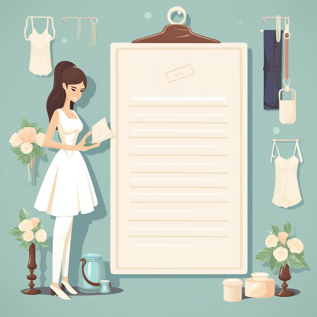 A shopping list of craft materials and a bride shopping in a craft store