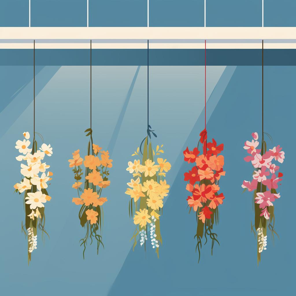 Bundles of flowers hanging upside down in a cool, dry room.