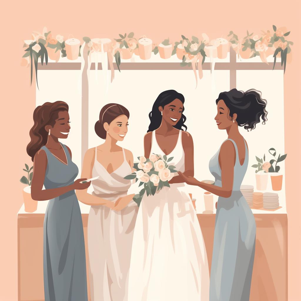 A bride with a small group of friends or family at a bridal boutique