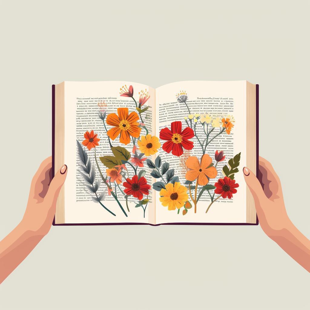 A hand revealing pressed flowers in a book