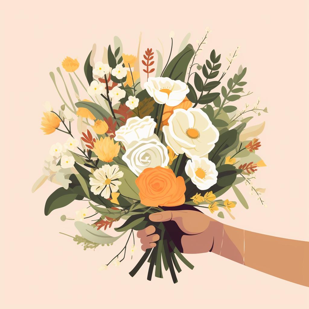 A hand selecting flowers from a bridal bouquet