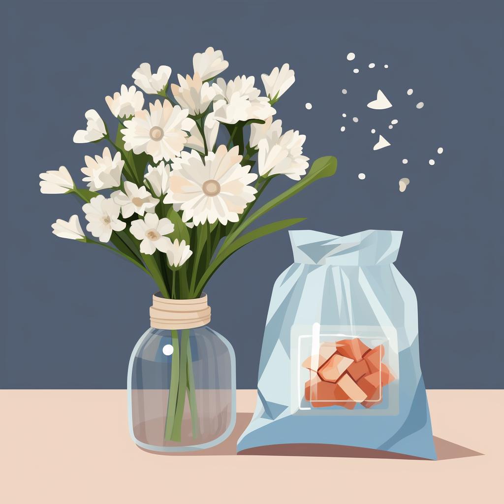 A wedding bouquet, a container, and a bag of silica gel.