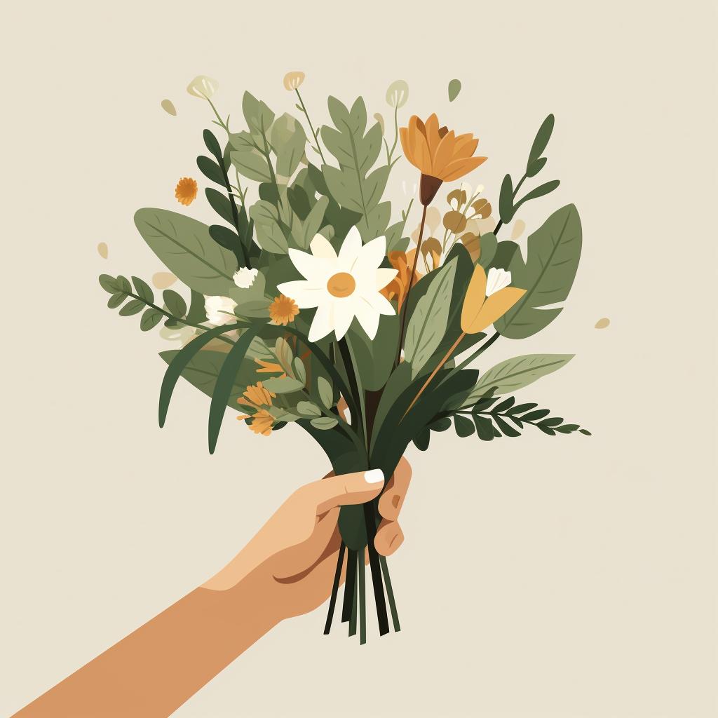 A hand delicately removing leaves from the stems of a bouquet.