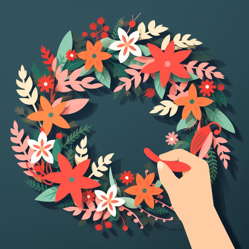 Hands crafting a garland out of recycled paper cut-outs