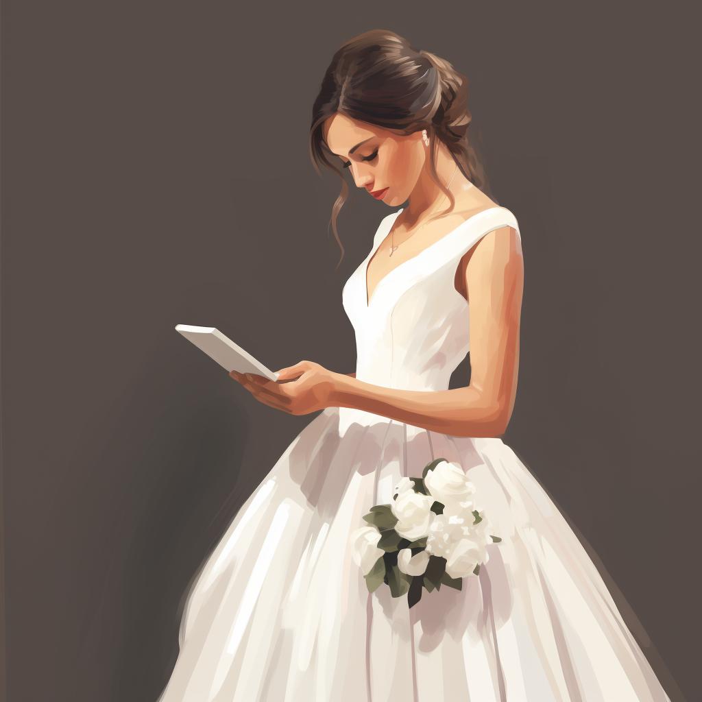 A bride reading about wedding dress terminology on her tablet