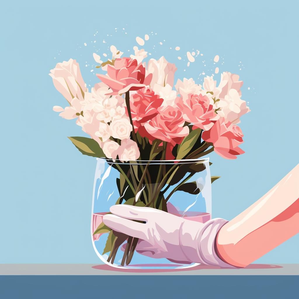 A hand with a glove removing a wedding bouquet from a container filled with a mixture of water and antifreeze.