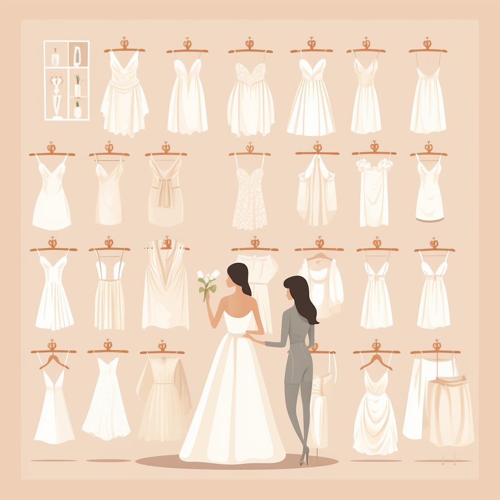 A bride trying on a variety of wedding dress styles