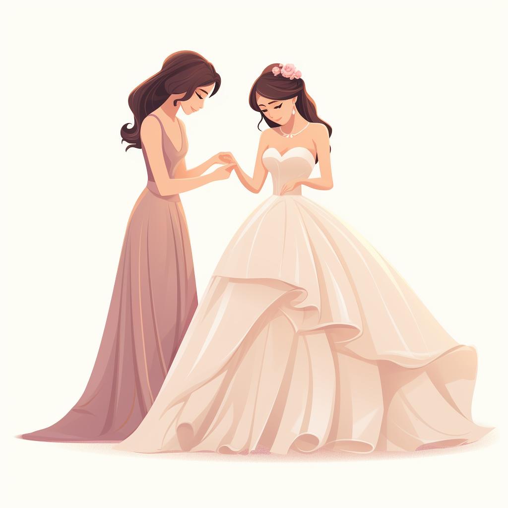 Seamstress pinning bride's wedding dress