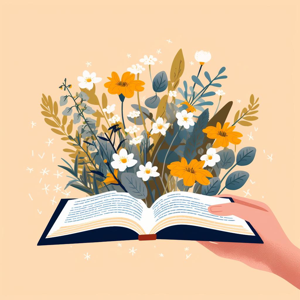 Hand gently opening the book to reveal pressed flowers and leaves